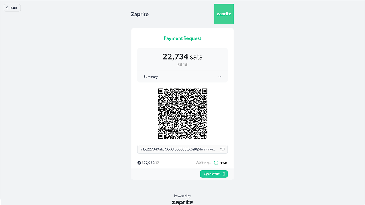 zaprite hosted payment page showing an lnbits lightning payment option