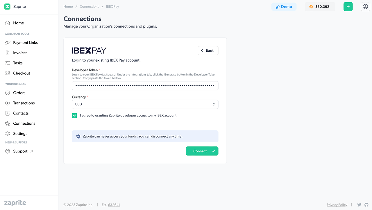 Connecting an existing IBEX account to Zaprite