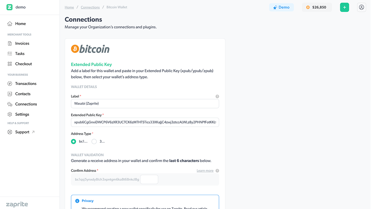 the bitcoin wallet settings screen in zaprite