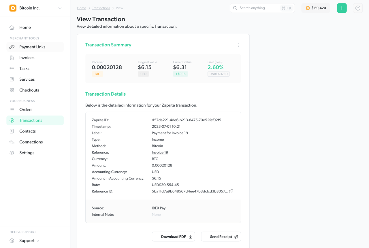 screenshot of zaprite transaction showing ibex pay payment